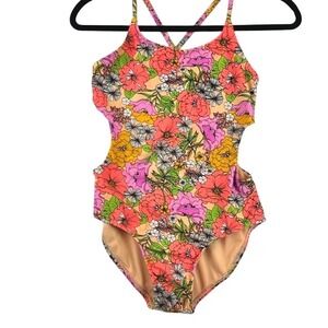 Cat & Jack Swimsuit Orange Pink Floral Side Cut Out Girls XL 14